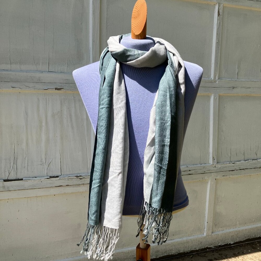 Faro Long Scarf with Fringe Ends Silk Wool Modal Blend Grey Ombre 27x74"
